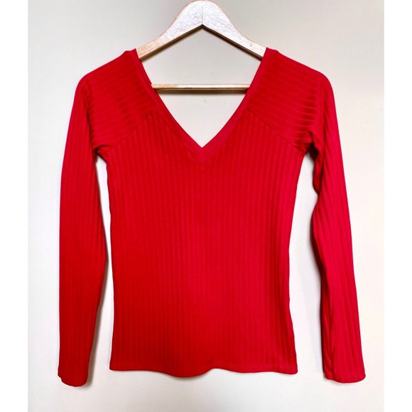 ZARA Red V-Neck Ribbed T-Shirt Long Sleeves - Picture 6 of 9